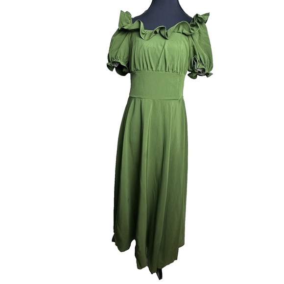 Womens Green Off Shoulder Boho Puff Sleeve Maxi Dress Ruffle Cottagecore Small - Picture 1 of 11